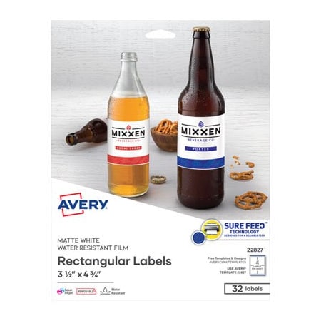 Avery Dennison Avery, REMOVABLE PRINT-TO-THE-EDGE WHITE LABELS W/ SURE FEED, 3 1/2 X 4 3/4, 32PK 22827